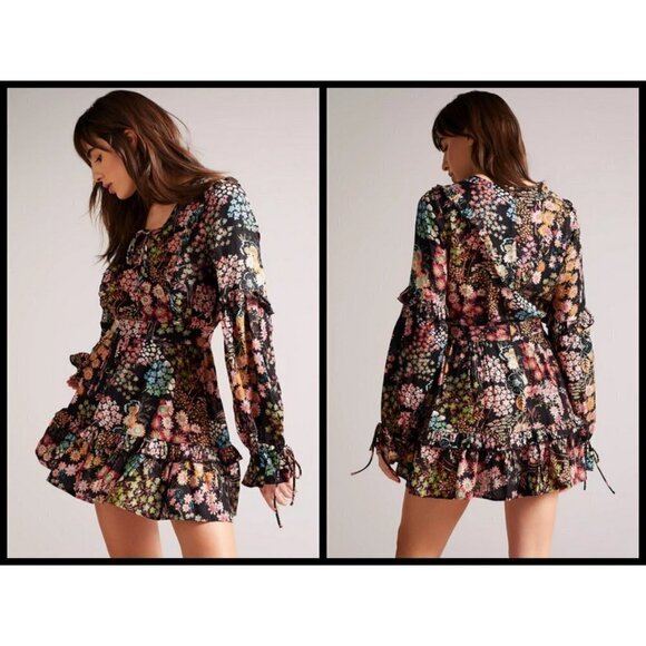 💕TED BAKER💕 Hendria Ruffled Crepe Mini Dress ~ Black Floral Print 4-6 US NWT - Picture 2 of 16